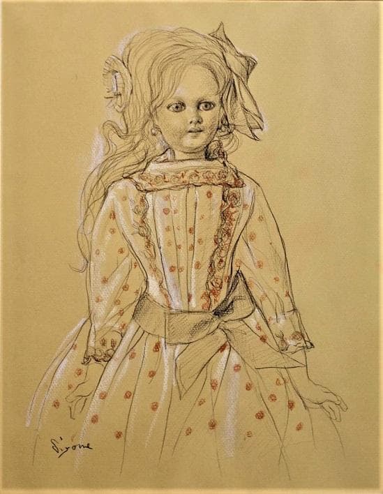 日本洋画壇の重鎮　芝田米三　フランス人形の絵　鉛筆とパステルによるデッサン画
