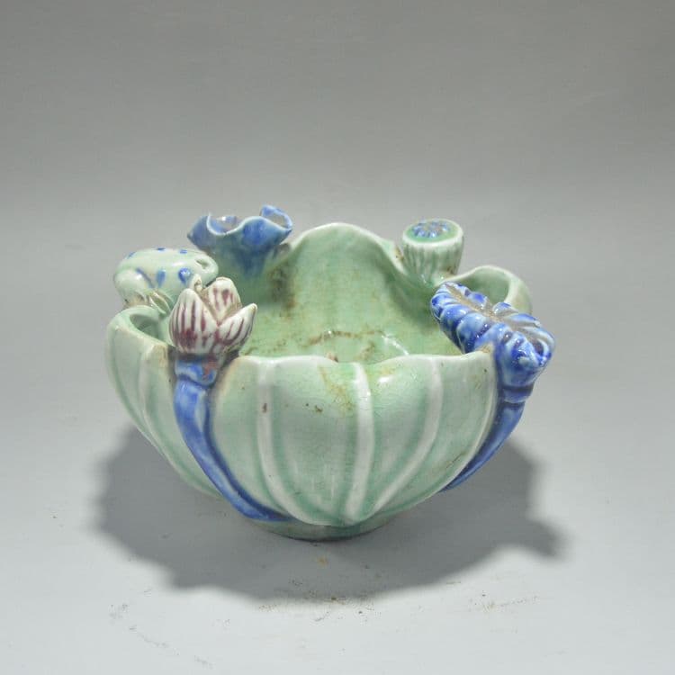手開片釉緑釉蓮葉筆洗 水洗 陶磁器書道具 文房具 装飾品 工芸品 美術品 置物