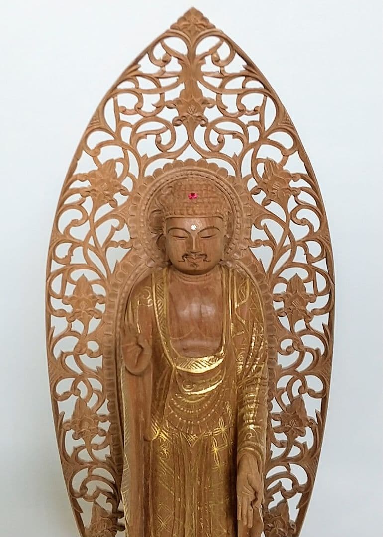 阿弥陀如来立像 4.5寸 #456 円台座 宝相華唐草 透彫り◆白檀 木彫 仏像