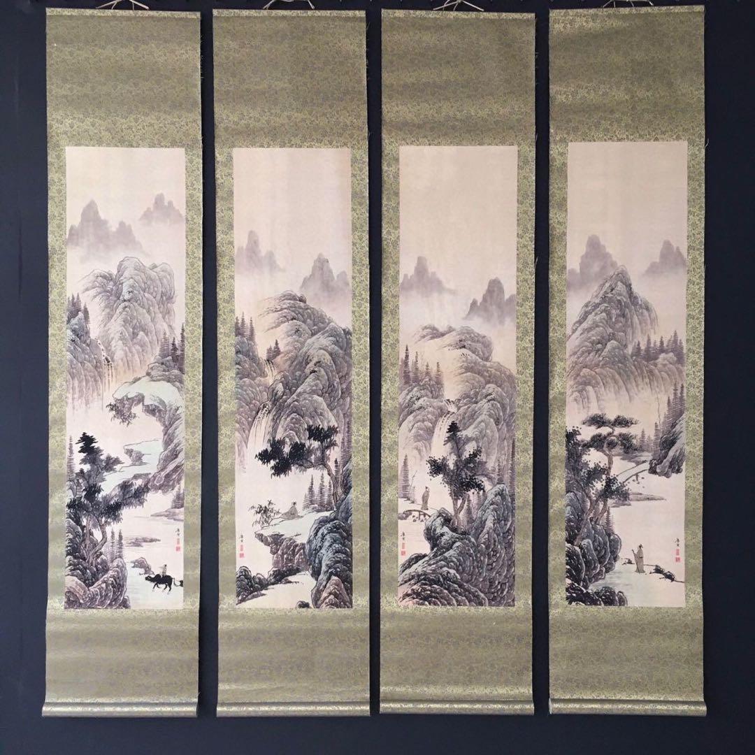 唐伯虎 倚石観川 四条屏 掛け軸｜中国山水画｜表装済み