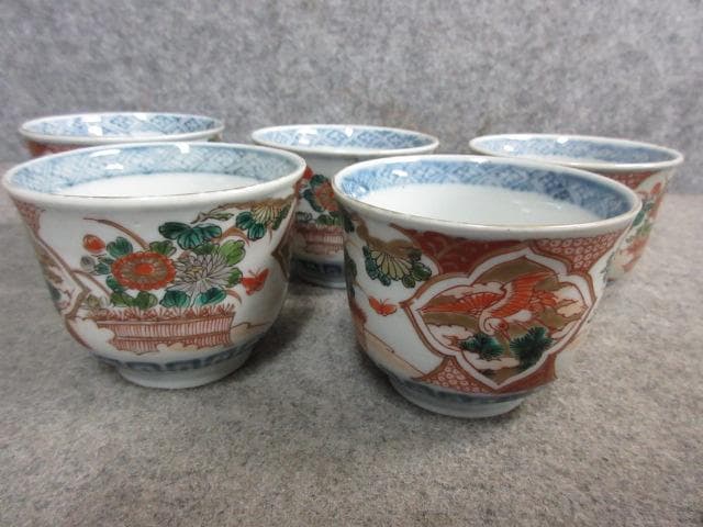 伊万里 色絵 鶴菊蝶 猪口 5個 [B31357]