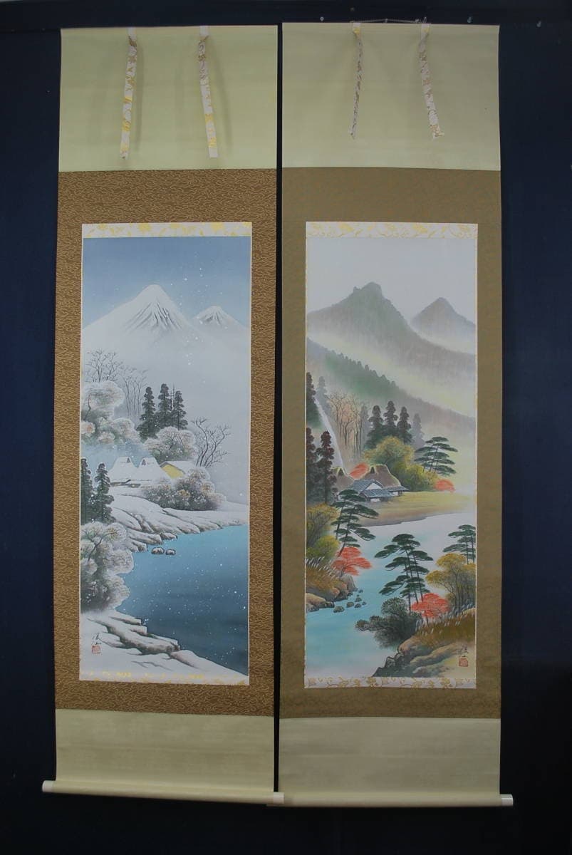 【真作】河内渓仙/春夏秋冬山水図/四幅対/掛軸☆宝船☆V-471 JM