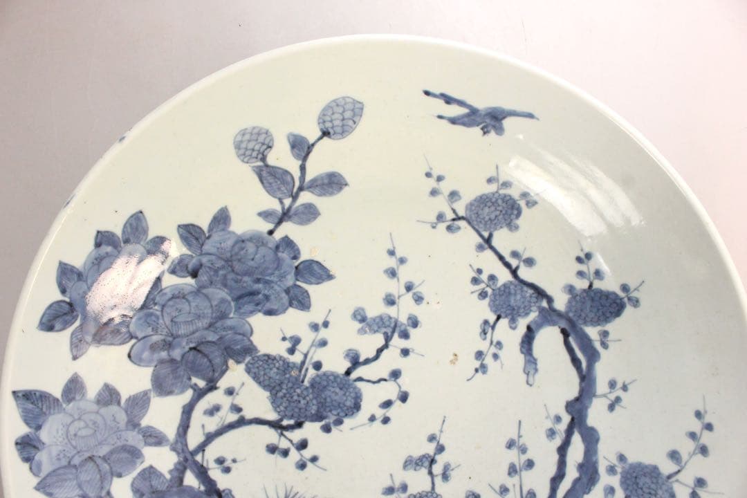 No5146 古伊万里　大明成化年製　染付花鳥文大皿　直径47cm 送料無料