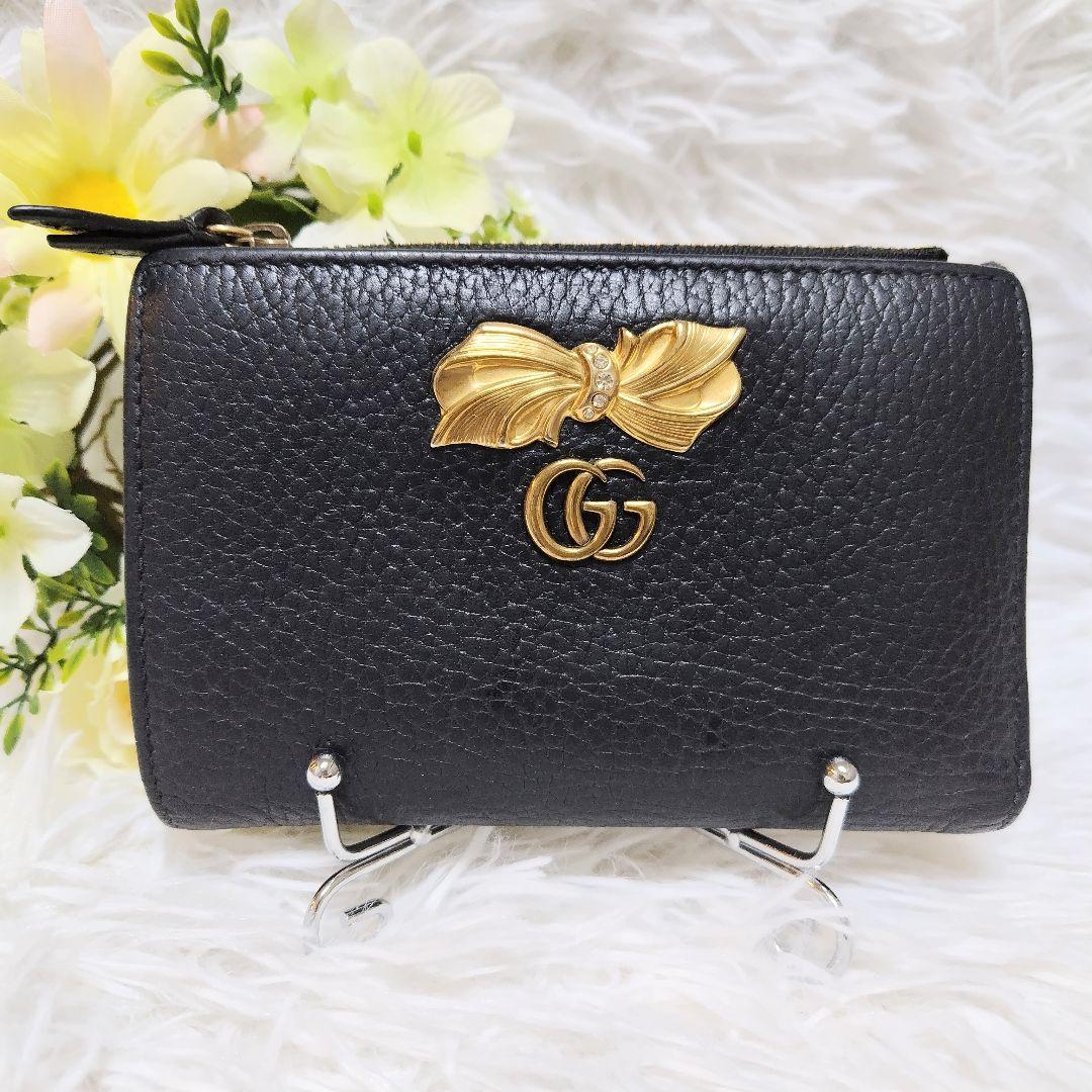 美品✨グッチ◇裏地花柄二つ折り財布　マーモントりぼん　バイカラー黒ピンクベージュ