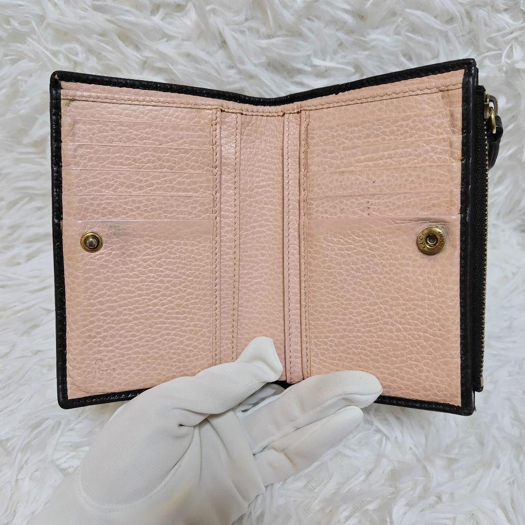 美品✨グッチ◇裏地花柄二つ折り財布　マーモントりぼん　バイカラー黒ピンクベージュ