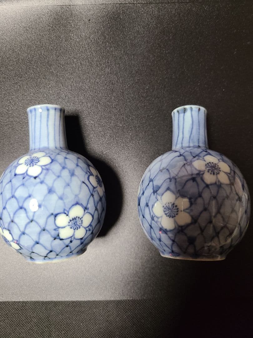 須田菁華造染付桃花網文酒器　共箱入り