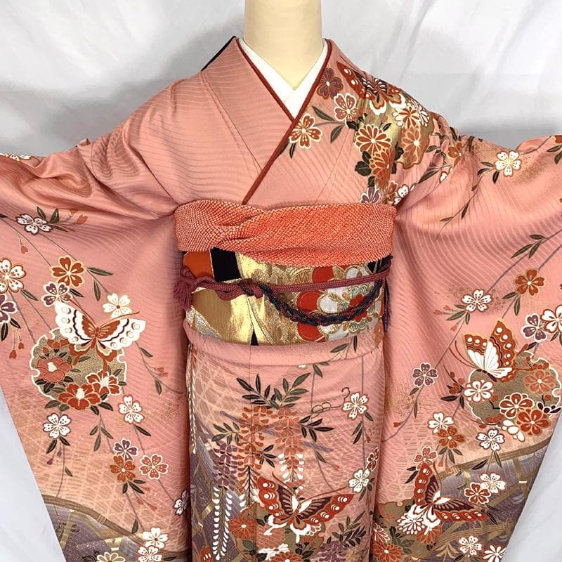 409aj78〇振袖＆袋帯 金彩 雪輪文 蝶々 成人式 結婚式 十三参り〇美品