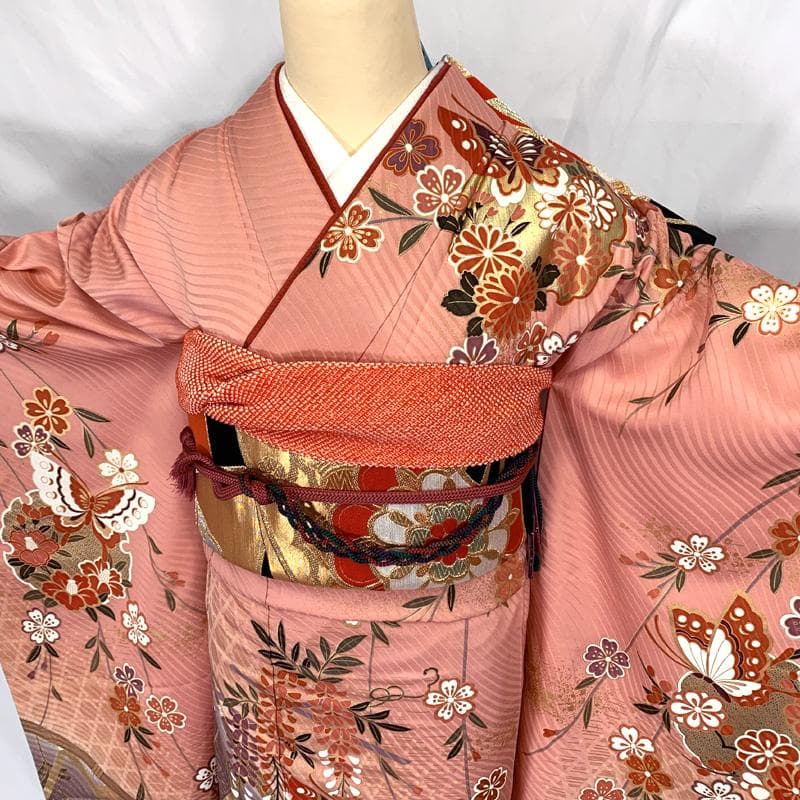 409aj78〇振袖＆袋帯 金彩 雪輪文 蝶々 成人式 結婚式 十三参り〇美品