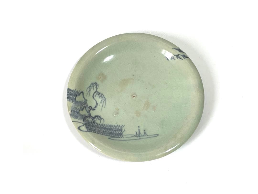 アンティーク　骨董　柿右衛門青磁　青磁染付　染付　柳網干文　丸皿　小皿　五寸皿