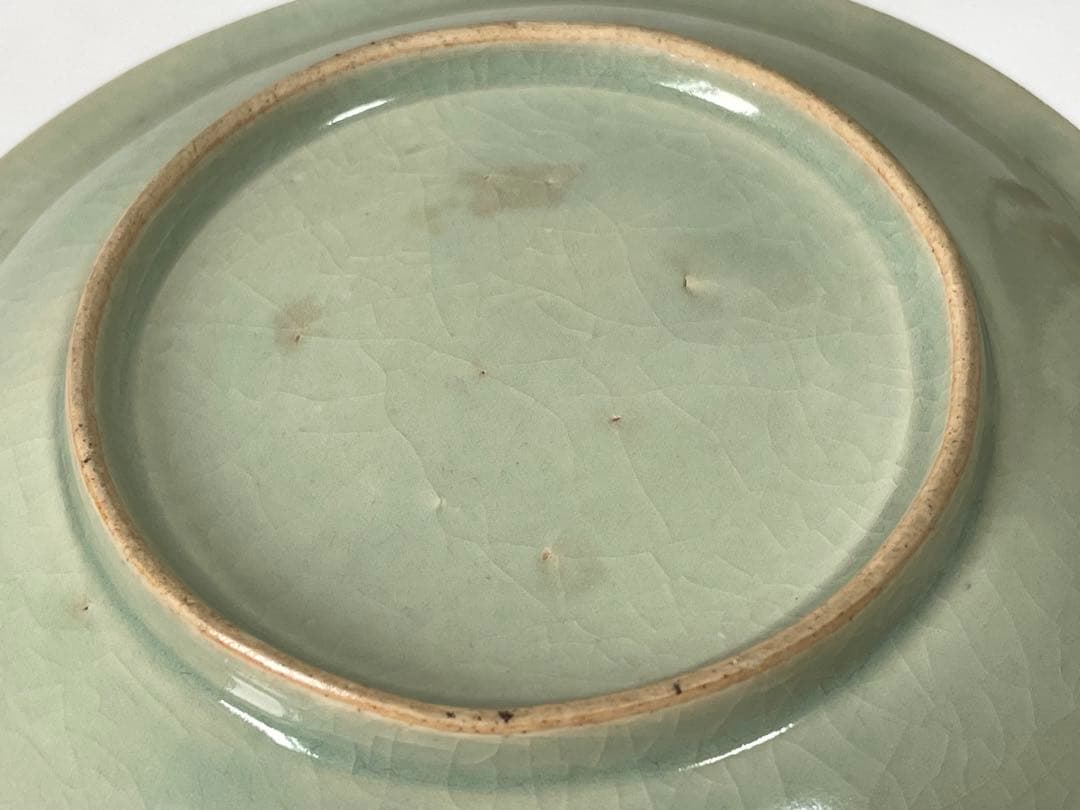 アンティーク　骨董　柿右衛門青磁　青磁染付　染付　柳網干文　丸皿　小皿　五寸皿