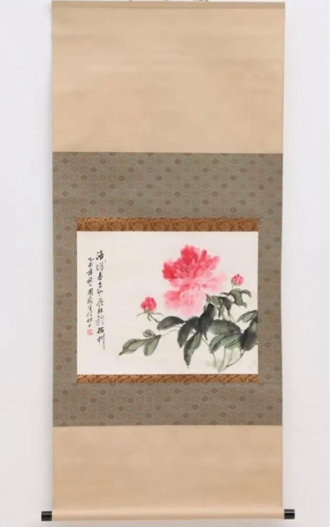 陳国蘇 掛軸(紙本) 墨彩 「牡丹図」 38.3×48.8cm 落款,印有