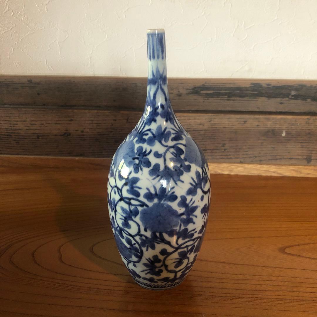 上手の古伊万里花染付唐草文鶴首徳利