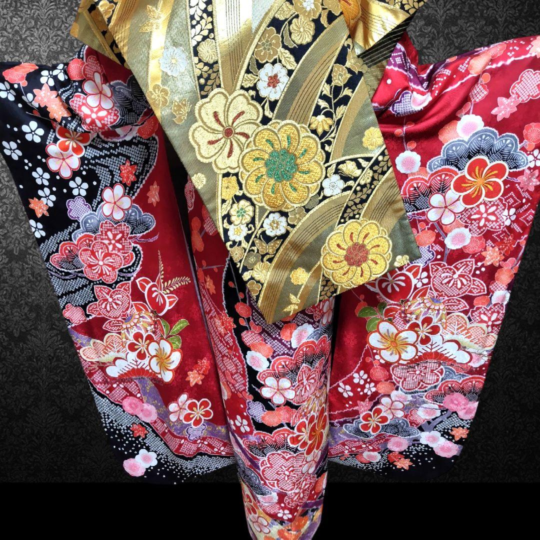 振袖フルセット(7点)・成人式・古典柄・金駒刺繍・金彩加工・鹿の子柄・正絹
