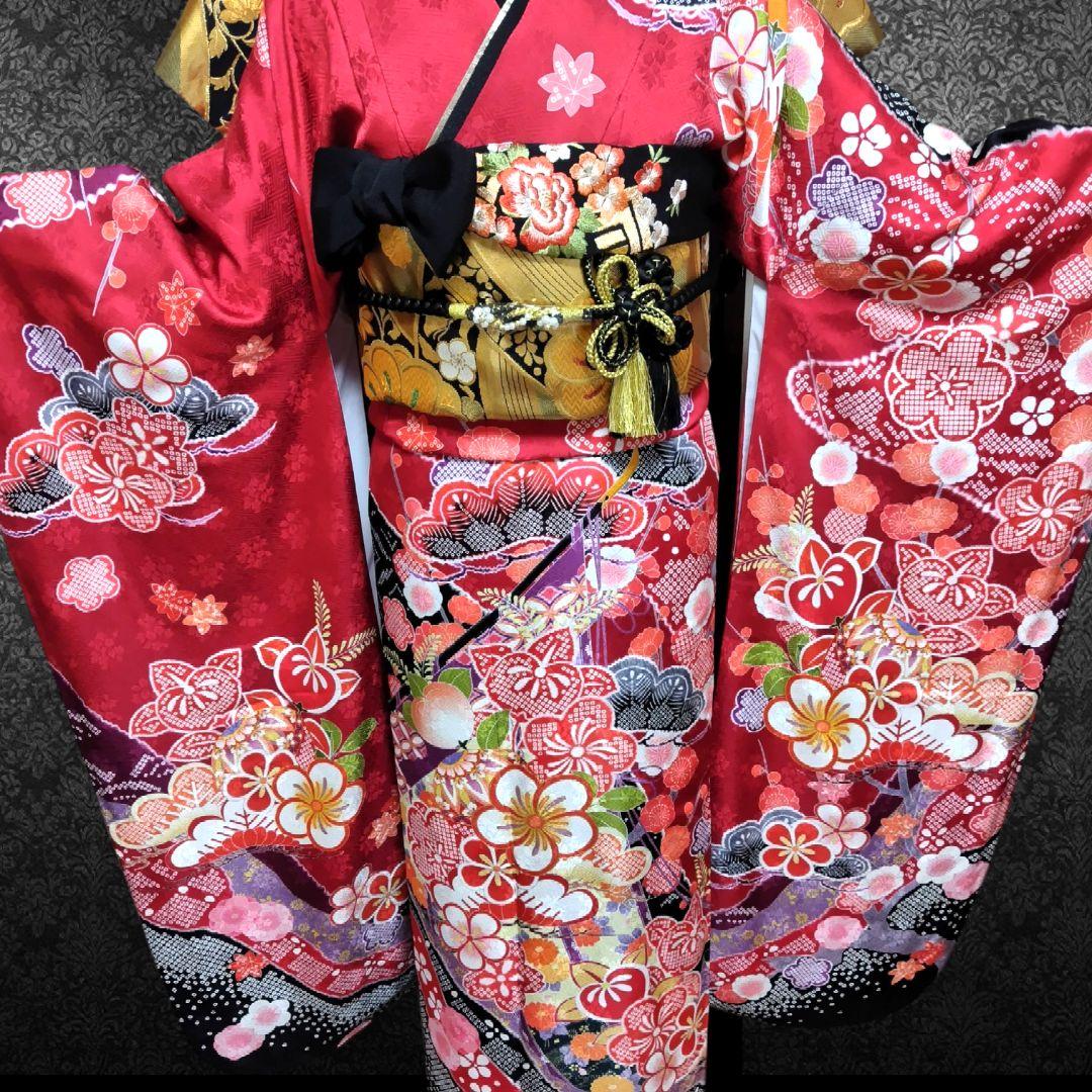 振袖フルセット(7点)・成人式・古典柄・金駒刺繍・金彩加工・鹿の子柄・正絹