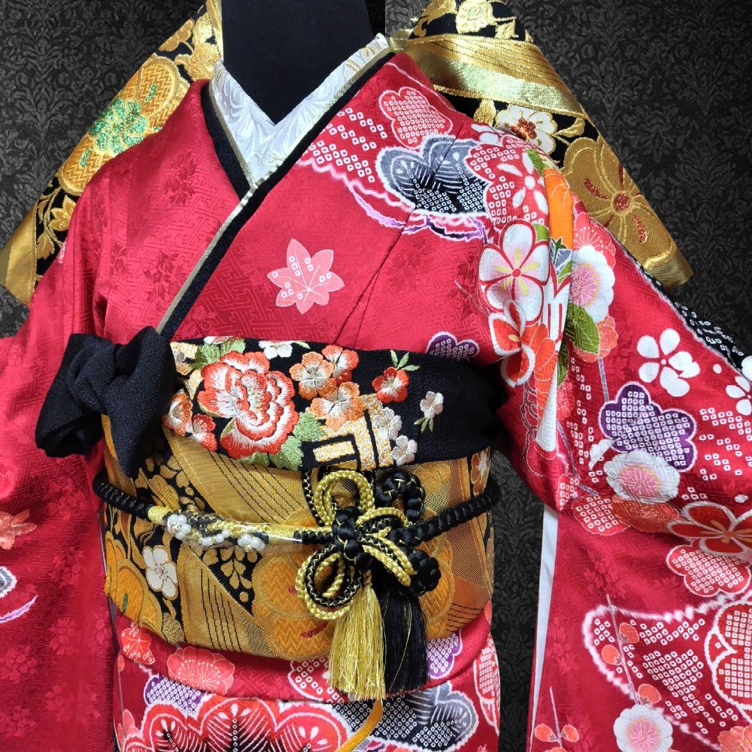 振袖フルセット(7点)・成人式・古典柄・金駒刺繍・金彩加工・鹿の子柄・正絹