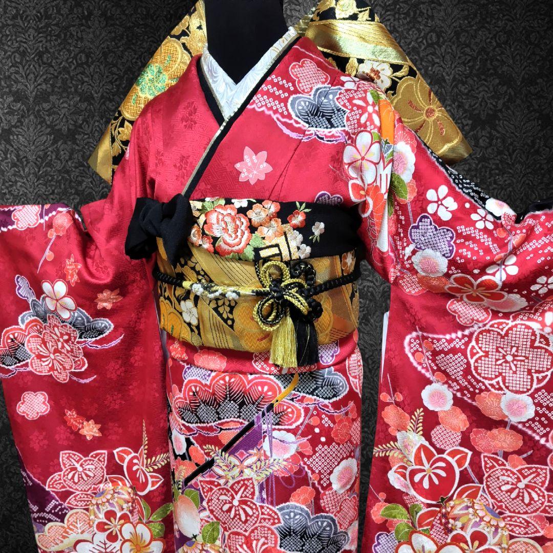 振袖フルセット(7点)・成人式・古典柄・金駒刺繍・金彩加工・鹿の子柄・正絹