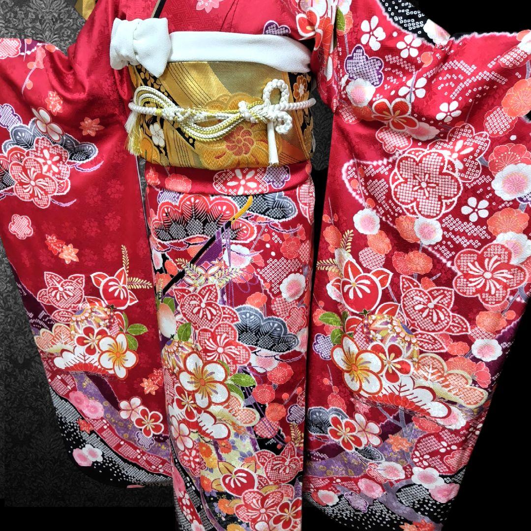 振袖フルセット(7点)・成人式・古典柄・金駒刺繍・金彩加工・鹿の子柄・正絹