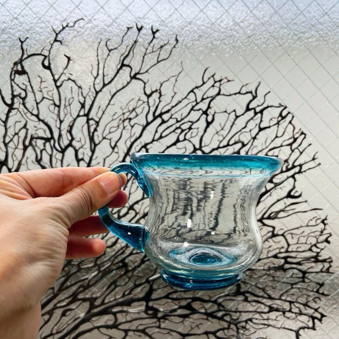 骨董　時代ガラス　希少青緑色フチ　取手付き　アイスクリームグラス　氷コップ