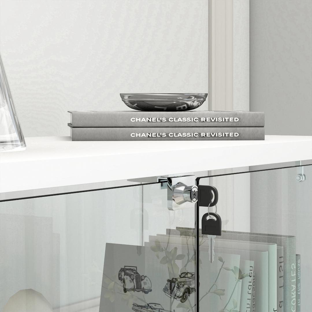 ホワイト LED照明・引出し付 ガラス収納キャビネット4段 両開ドア