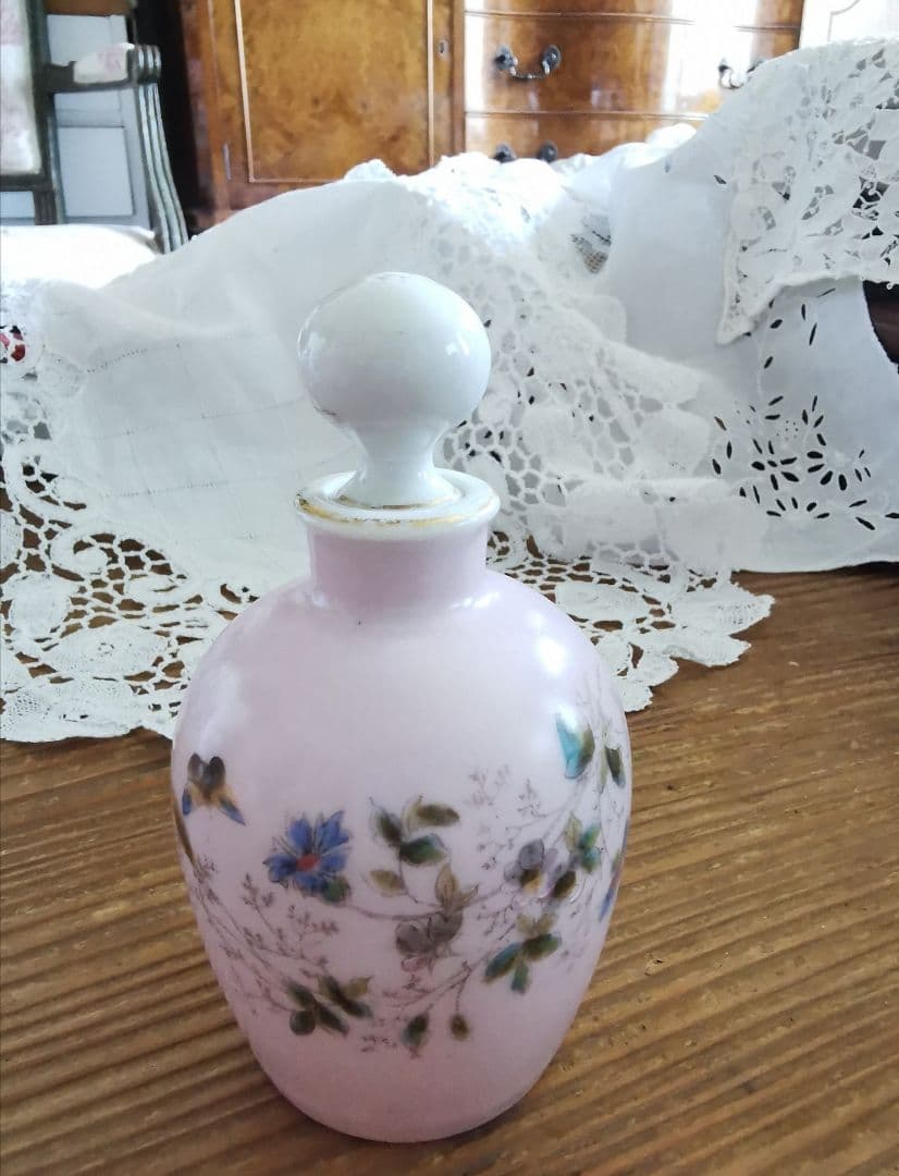 アンティーク リモージュ 手描き野草花瓶 オイル・パフュームボトル ペールピンク