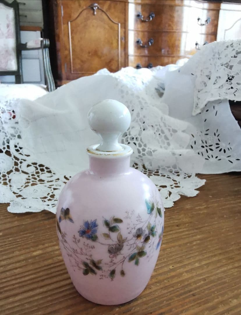 アンティーク リモージュ 手描き野草花瓶 オイル・パフュームボトル ペールピンク