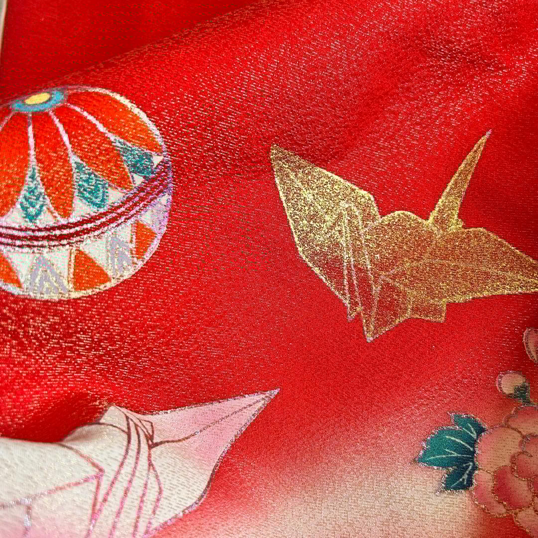 七五三 3歳 着物 753 正絹 被布 総絞り 三歳 赤 草履 金糸 花柄 毱