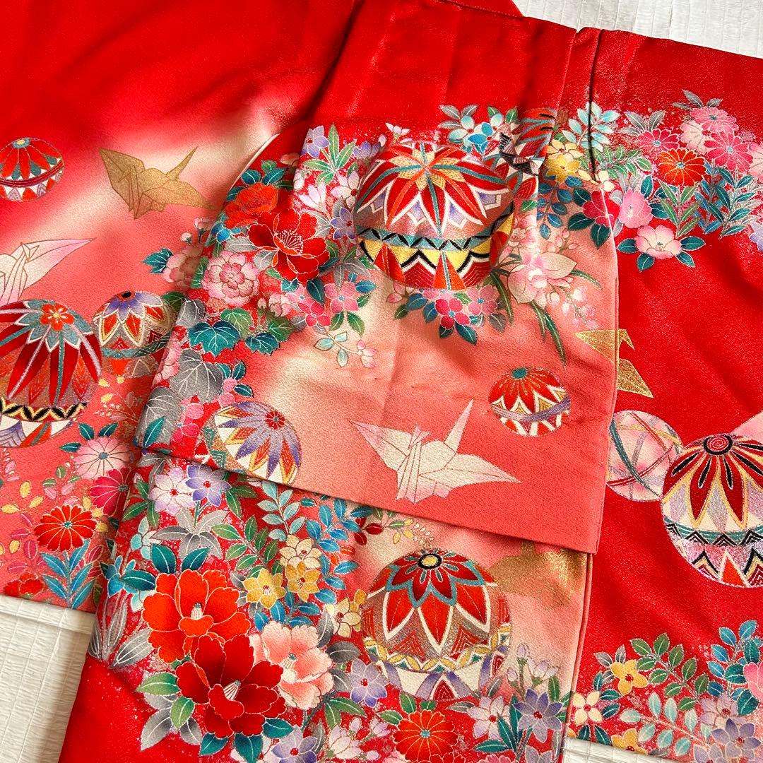 七五三 3歳 着物 753 正絹 被布 総絞り 三歳 赤 草履 金糸 花柄 毱