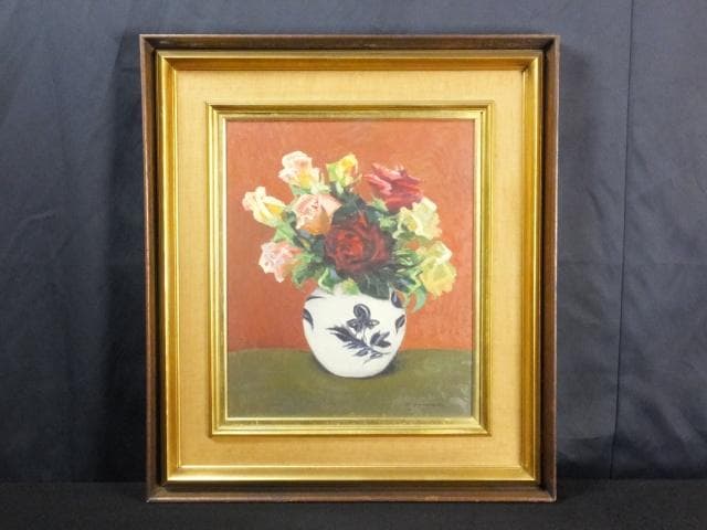 山本彪一　直筆サイン　日動画廊シール『ばら』油彩 1964年 0801G