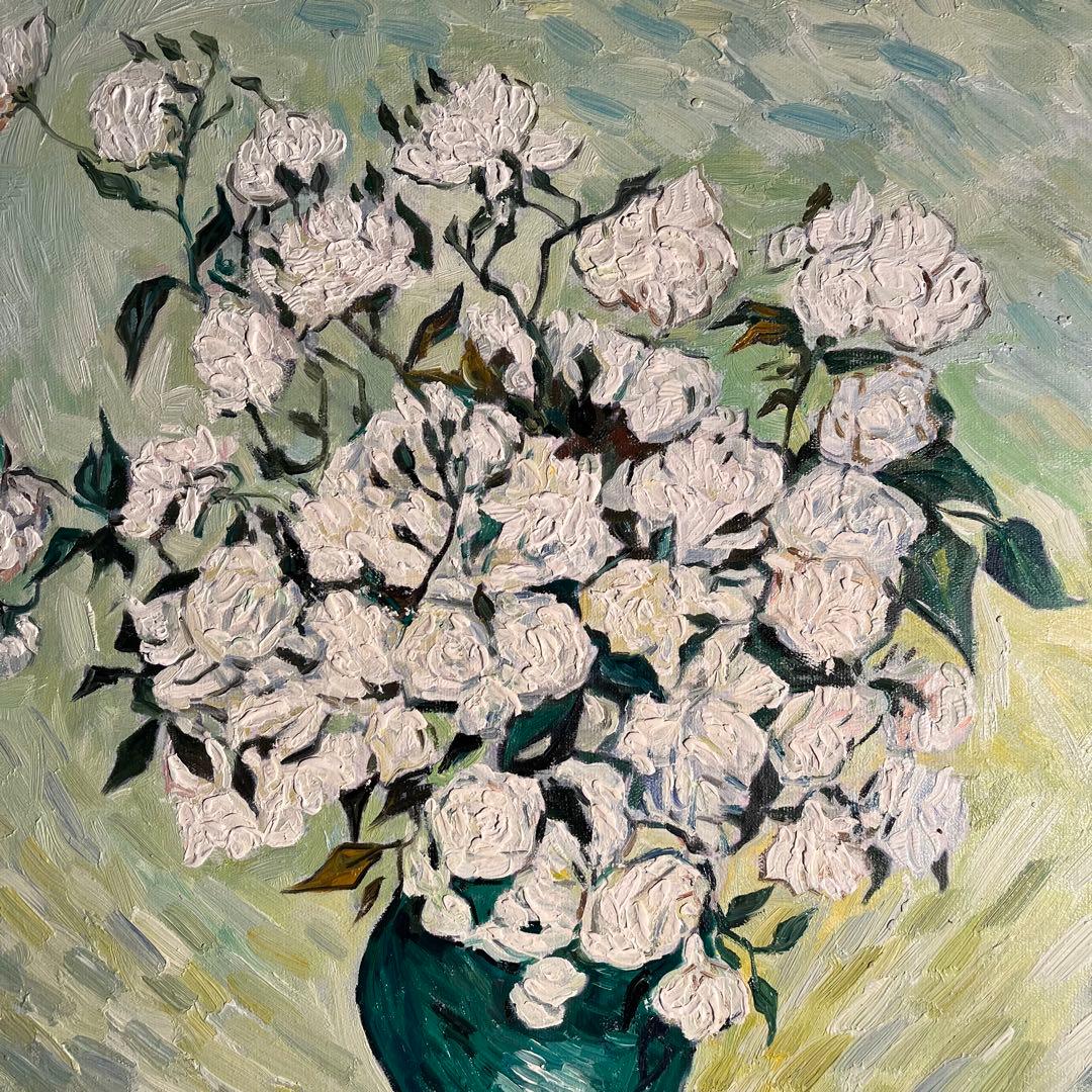 ★秀作★ 手書き油絵 ゴッホ 花瓶のバラ額付 肉筆絵画 インテリア 油彩画