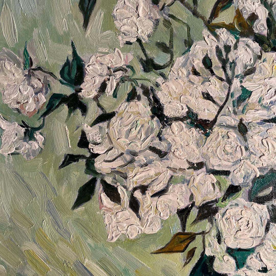 ★秀作★ 手書き油絵 ゴッホ 花瓶のバラ額付 肉筆絵画 インテリア 油彩画