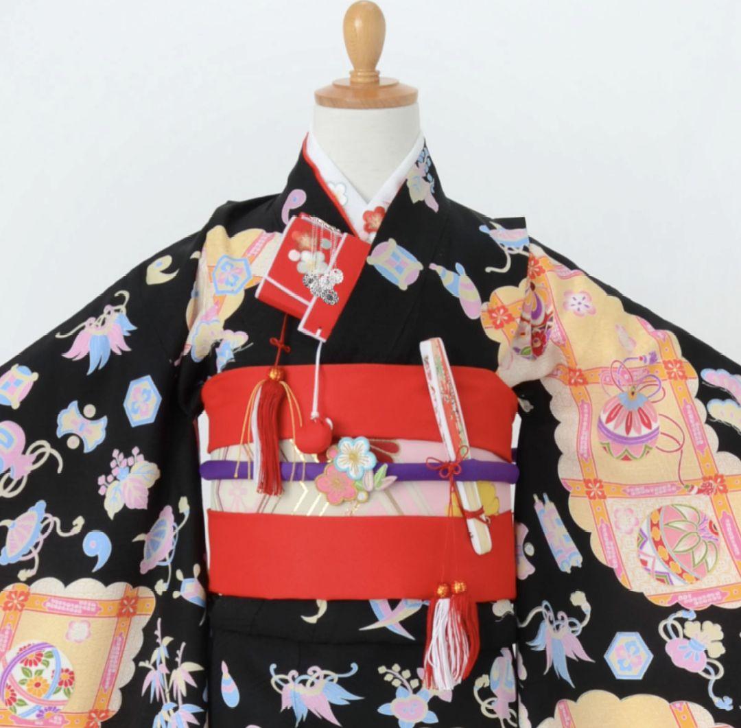 正絹　七五三　着物　長襦袢セット　黒　手毬　宝尽し