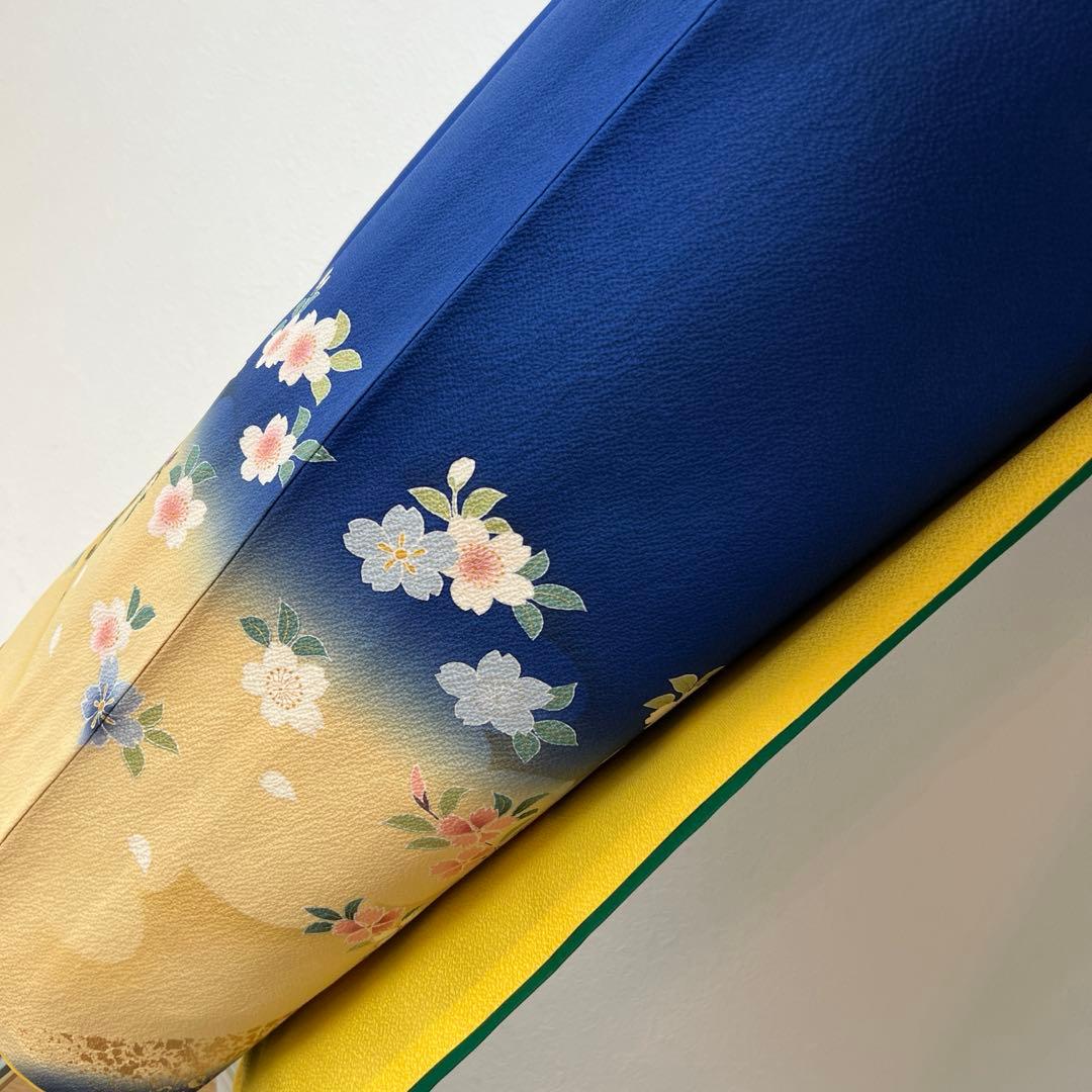 439 振袖フルセット 正絹 顔 紺 ブルー 金彩 暈し染め シンプル 花車文