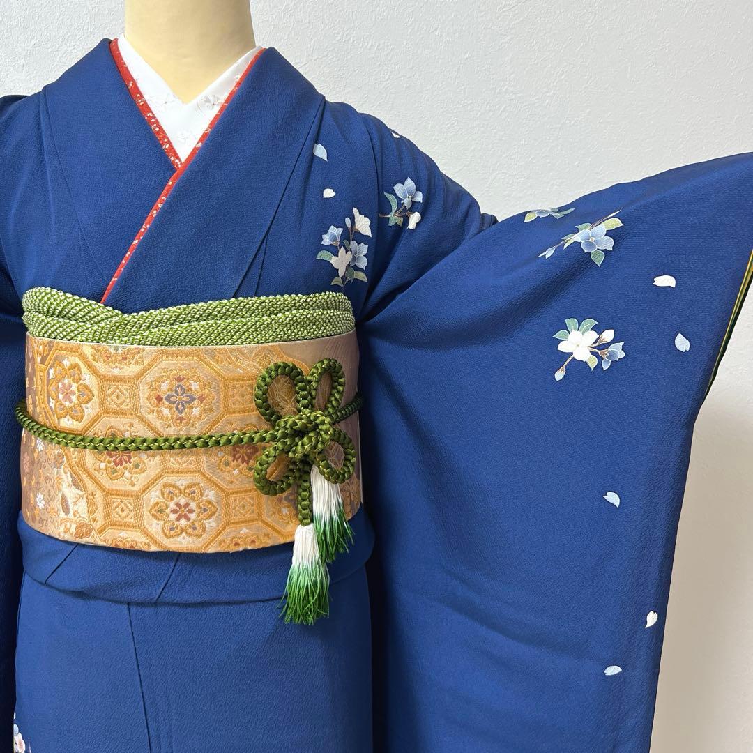 439 振袖フルセット 正絹 顔 紺 ブルー 金彩 暈し染め シンプル 花車文