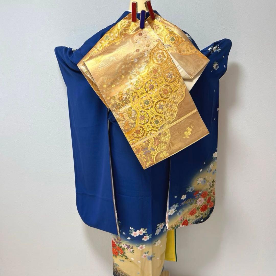 439 振袖フルセット 正絹 顔 紺 ブルー 金彩 暈し染め シンプル 花車文