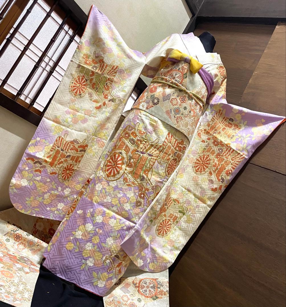 振袖フルセット6点サイズM〜Ｌ駒刺繍　御所車花文　暈し染め　金彩　正絹