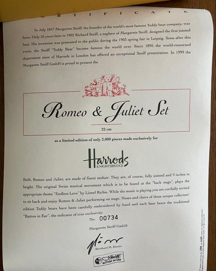 シュタイフ ハロッズ限定品 ロミオとジュリエット