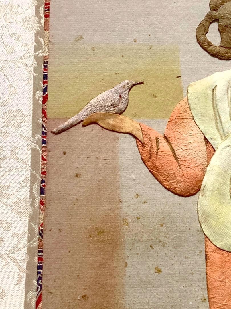 昔は有名な荒川夏子　古典絵　古代壁画女人像　1982年貼り絵細工　絵画　金粉加工