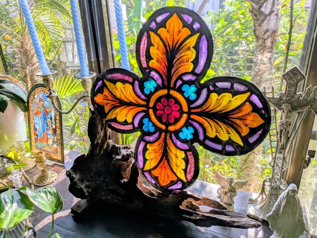 幸運の四つ葉の花文 アンティーク ステンドグラス 教会 クリスマス キリスト