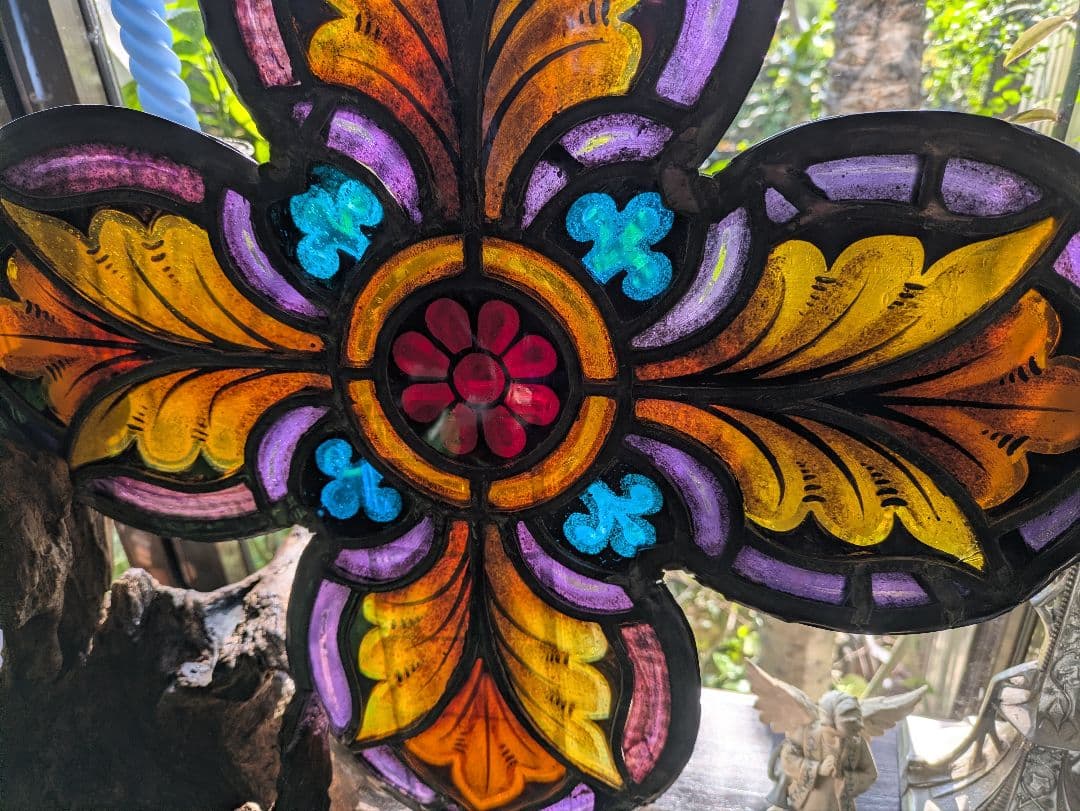 幸運の四つ葉の花文 アンティーク ステンドグラス 教会 クリスマス キリスト