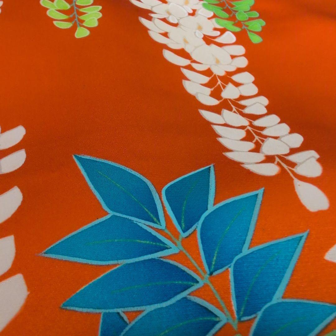 【新品】振袖 オレンジ 藤の花と鳥柄•Мサイズ