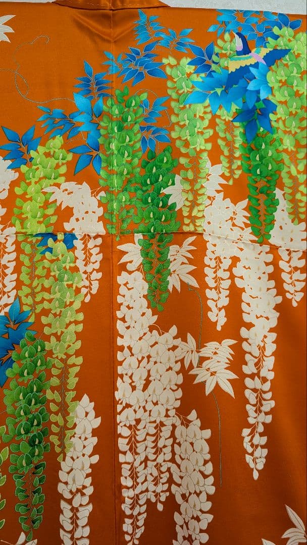 【新品】振袖 オレンジ 藤の花と鳥柄•Мサイズ