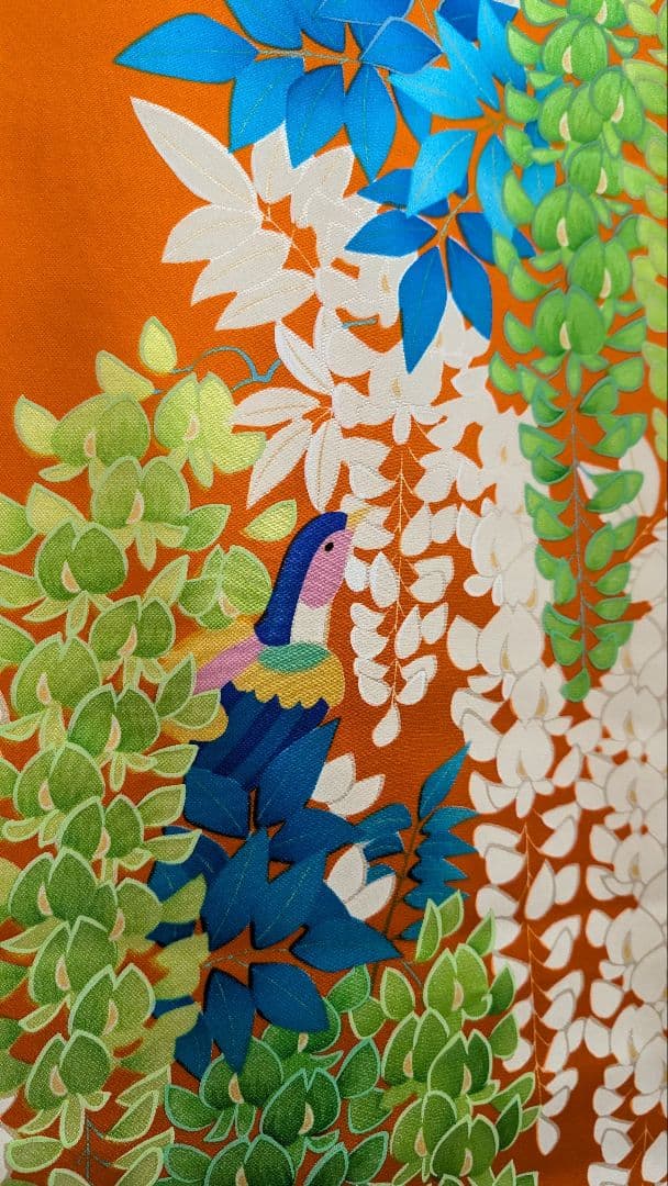 【新品】振袖 オレンジ 藤の花と鳥柄•Мサイズ