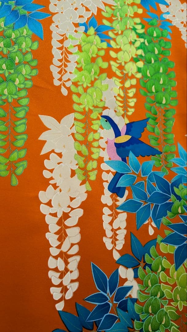 【新品】振袖 オレンジ 藤の花と鳥柄•Мサイズ