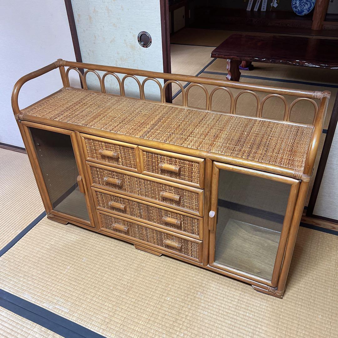 ラタン 籐素材 サイドボードチェスト 4段 ヴィンテージ 古道具