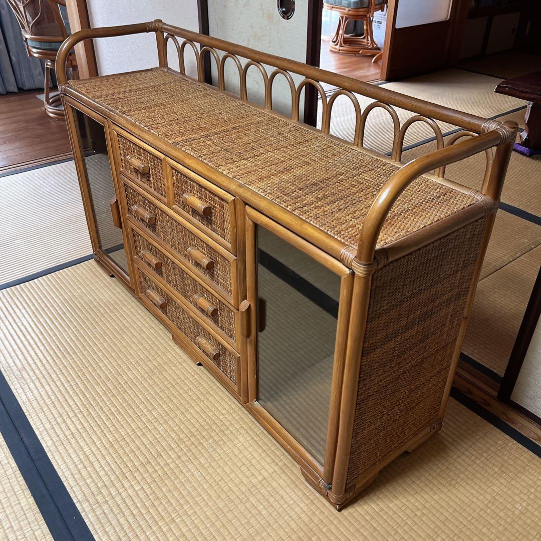 ラタン 籐素材 サイドボードチェスト 4段 ヴィンテージ 古道具