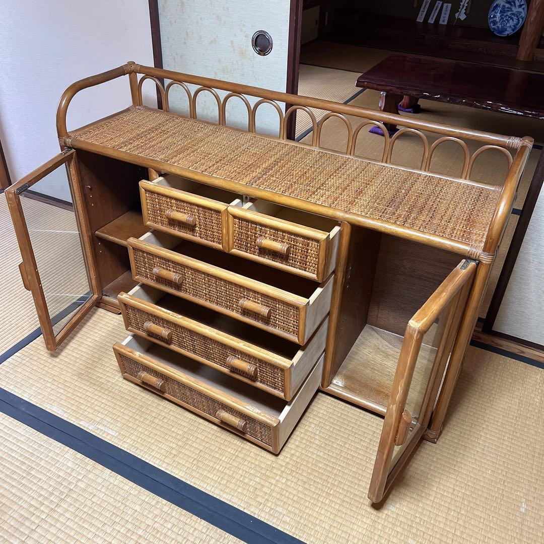 ラタン 籐素材 サイドボードチェスト 4段 ヴィンテージ 古道具