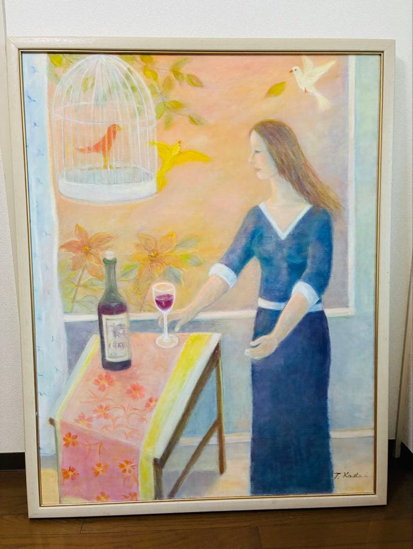 T. Kato 女性とワインの絵画