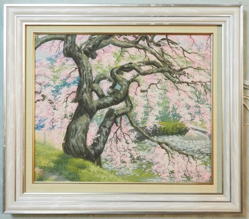 【値下げ】 風景画　油絵　中島千波　桜花　F8　額付き　手描き　肉筆