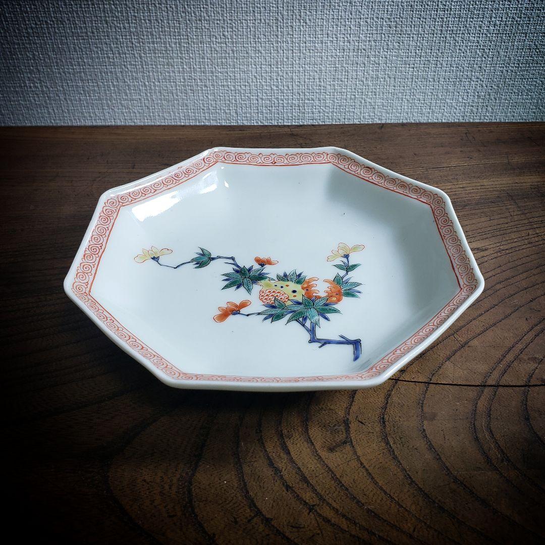 八角形　変形皿　無花果　色絵付　染付　中国童　柿右衛門様式　古伊万里　ロ号