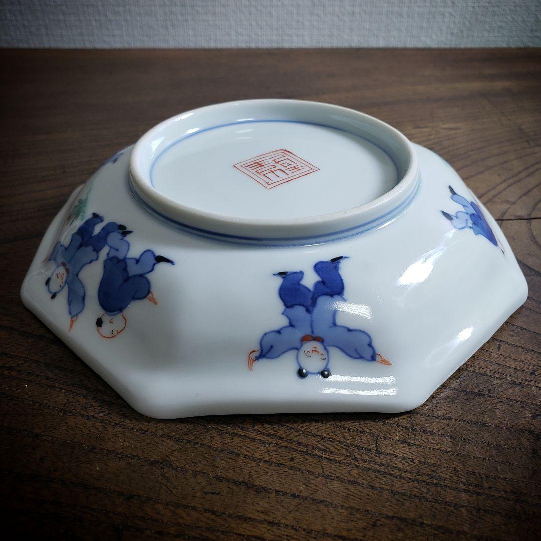 八角形　変形皿　無花果　色絵付　染付　中国童　柿右衛門様式　古伊万里　ロ号